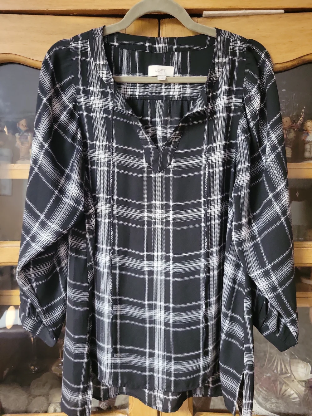 LOFT Black & White Plaid Split-Neck Blouse